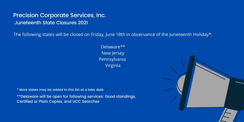 In observance of the Juneteenth Holiday several states will be closed, and others may close early; Precision will be open from 8:00am-6pm EST. 

Please see below for the most update list of closures.

tinyurl.com/yhtwguo8