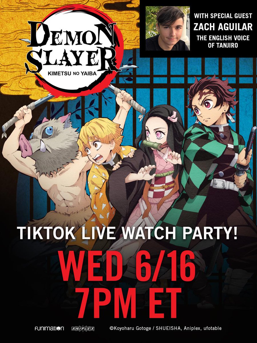 Funimation Guess What You Re Invited To A Demon Slayer Kimetsu No Yaiba Watch Party Tomorrow On Tiktok Hosted By Laurmoor With Special Guest Airzach The English Voice Of Tanjiro Follow