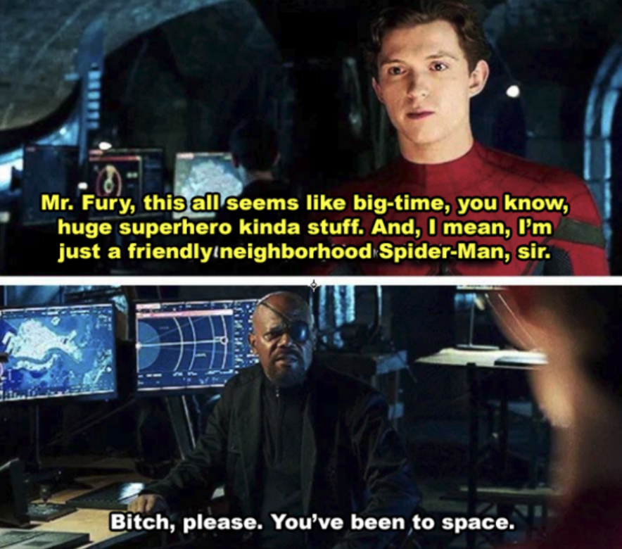 Nick Fury and Spider-Man in Spider-Man: Far From Home