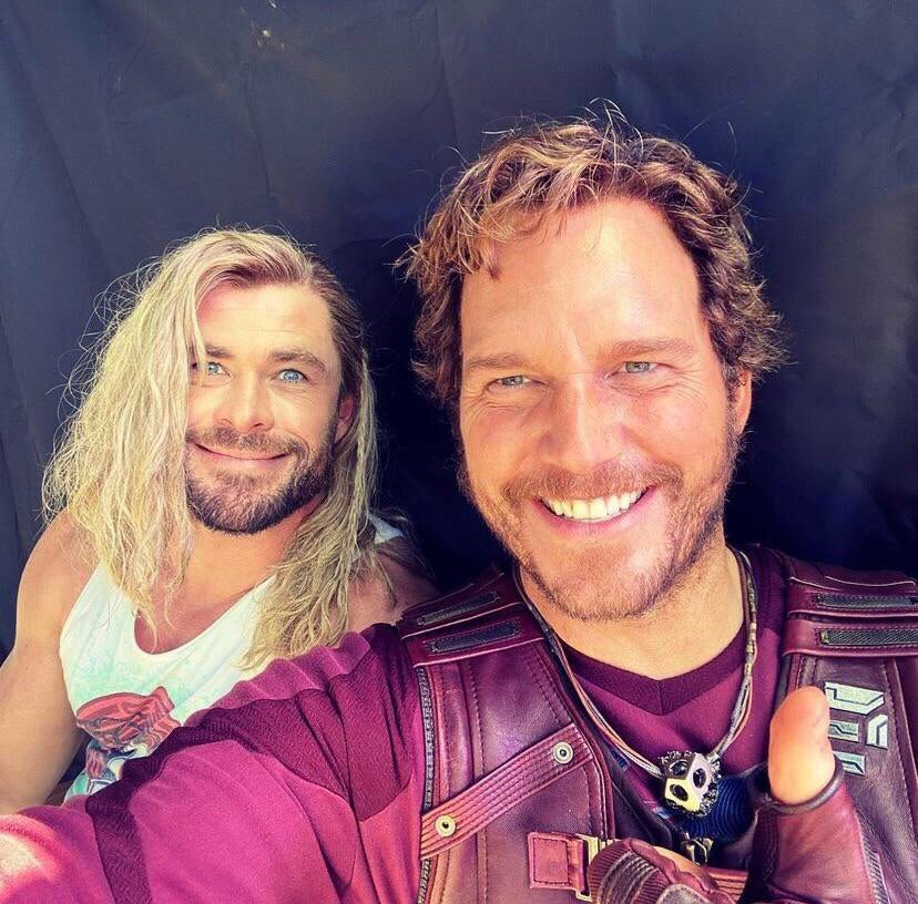 Chris Pratt and Chris Hemsworth on the set of Thor: Love and Thunder