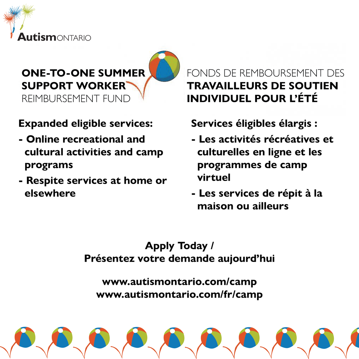 AutismONT's tweet image. Do you need support for your autistic child? Apply for the 2021 One-to-One Summer Support Worker Reimbursement Fund! The fund is available to Ontario families who retain the services of a one- to-one support worker for their autistic child! Apply today! autismontario.com/camp