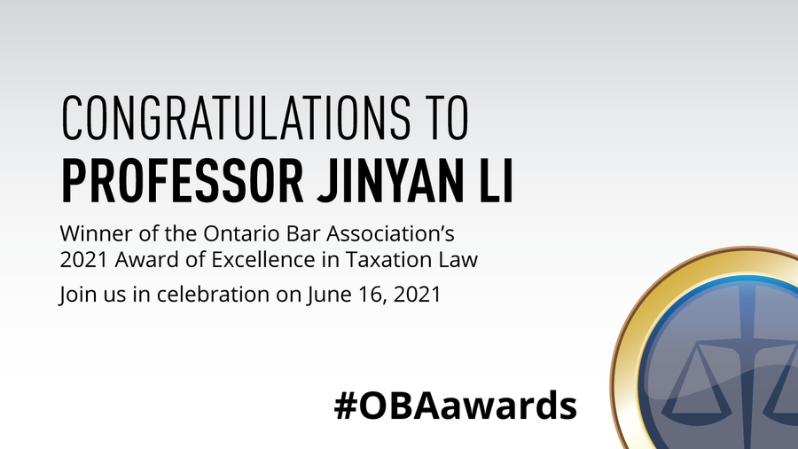 OsgoodePD's tweet photo. Congratulations to Professor Jinyan Li! She is receiving the 2021 @OBAlawyers Award of Excellence in #TaxationLaw at tomorrow's virtual ceremony. Register to watch here: https://t.co/FrVovxKz9v

#LLM #AcademicDirector https://t.co/Rme8PsDPgT