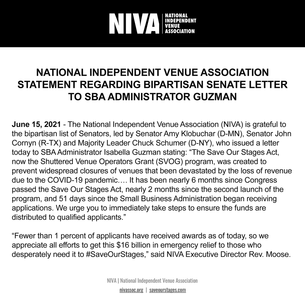 National Independent Venue Association (NIVA) has issued a statement regarding the Bipartisan Senate Letter sent to <a href="/SBAgov/">SBA</a> Administrator <a href="/SBAIsabel/">Isabel Casillas Guzman</a> earlier today.