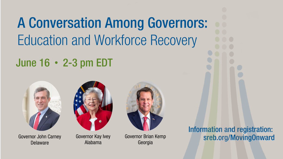 educationalan's tweet photo. TODAY: Join @SREBeducation for an online event with Governors @JohnCarneyDE, @GovernorKayIvey and @GovKemp as they discuss education, the workforce and economic growth. @DrSPruitt will moderate: https://t.co/vKcTudLBRi https://t.co/5uDhclYJVH