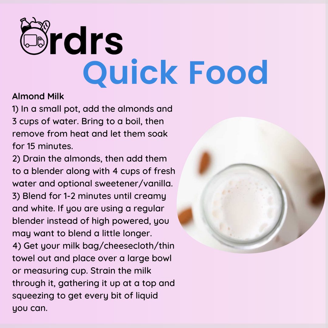 Almond Milk

Ingredients:
`Raw almonds – No roasted almonds here, please, they must be raw.
Water
Optional: Pure maple syrup or dates, for sweetening and pure vanilla extract.

#recipes #vegan #cooking #food