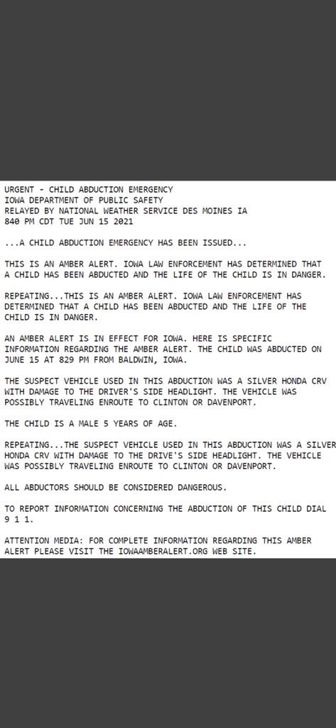 ScannerDSM's tweet photo. ⚠️⚠️ AMBER ALERT ⚠️⚠️

Amber Alert for Iowa. Information below ⬇️ https://t.co/8082qWtPmu
