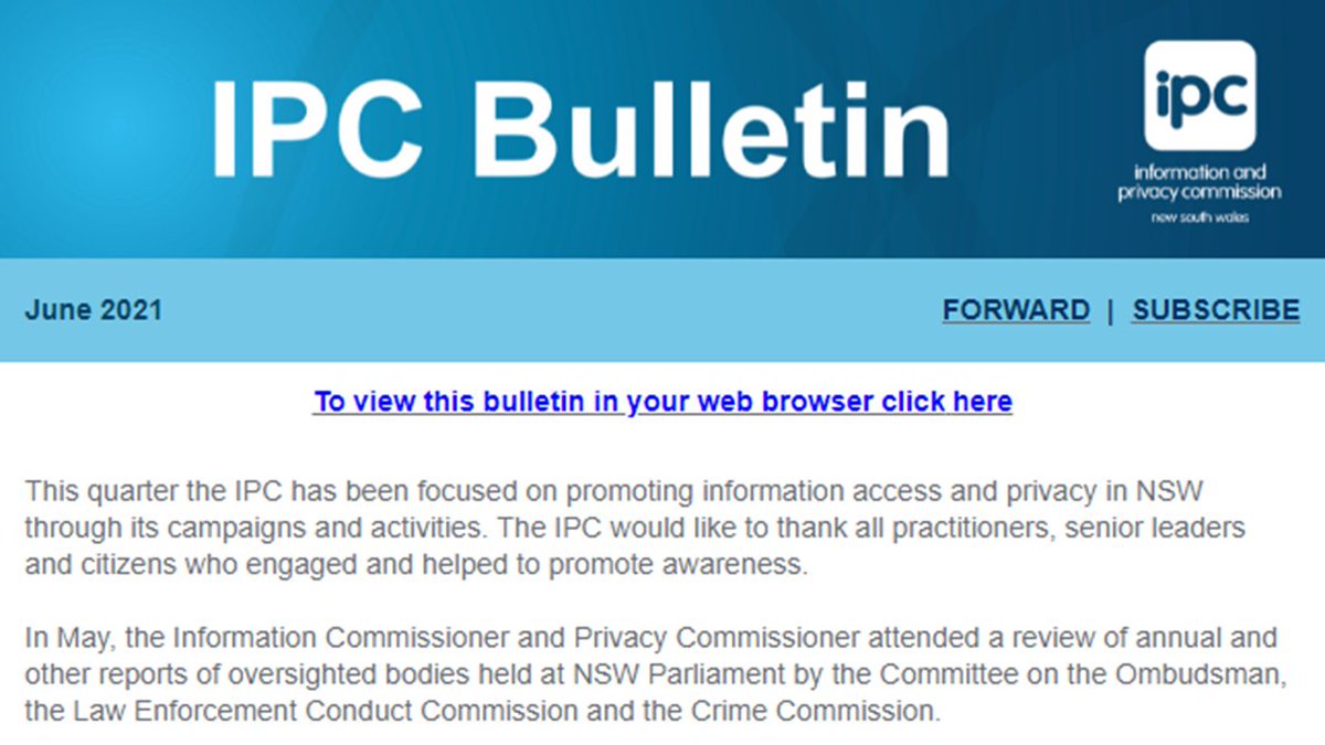IPCNSW's tweet photo. The Information and Privacy Commission NSW’s June 2021 IPC Bulletin includes updates on the IPC’s activities, resources and guidance, links to new case notes, upcoming events and more https://t.co/MypbKV0yyK
#IPCnews #IPCupdate https://t.co/4p4t6NMaa7