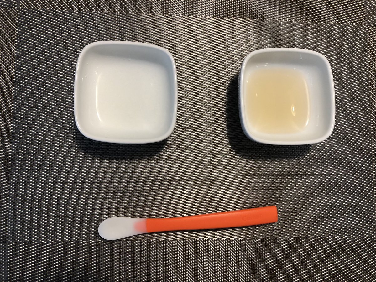 Miki A Day14 おかゆ小さじ4 レンジかけすぎて少しこぼした かぼちゃ小さじ2 麦茶 このところ残しがちなのと出かける予定あったので少し控えめにして完食 麦茶をパックからストロー飲み試したらできてるっぽい 量の調整は効かなくてダバァしちゃう