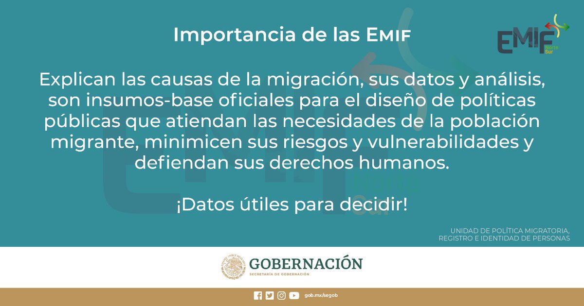 RocioGonzalezH8's tweet image. Las encuestas de migración en las fronteras norte (#EmifNorte) y sur de México (#EmifSur) son una fuente de información oficial, continua y confiable. Utiliza sus datos y compártenos tus experiencias al utilizarlos. #MásDatosMásImpacto ¡Analiza, identifica y decide!