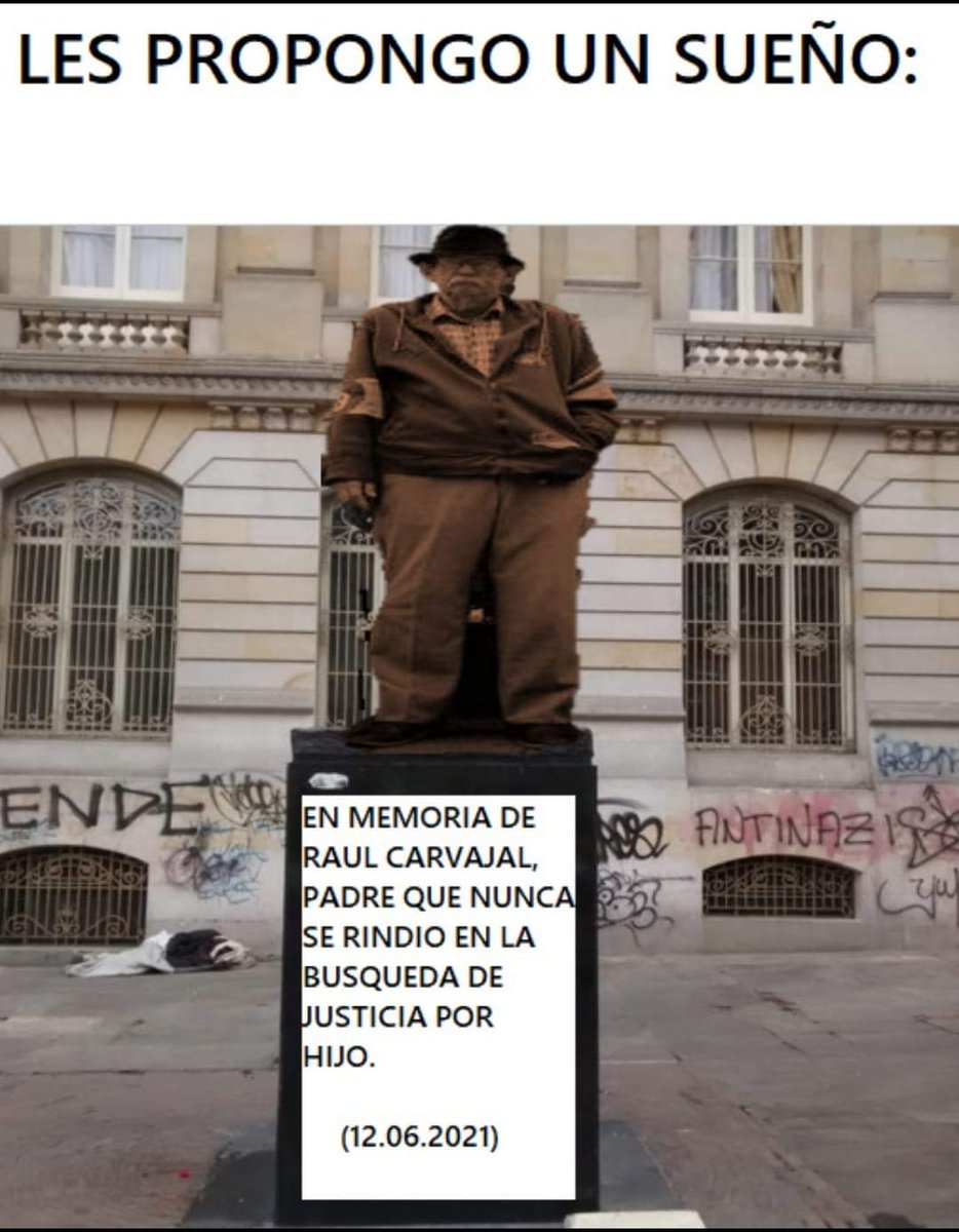 LuisaPreciado29's tweet photo. Es lo minimo que se merece Don Raúl para inmortalizar la resistencia y perceverancia que tuvo por tanto tiempo buscando la verdad y justicia para su hijo🇨🇴✊🏽 #UribeParacoHpta #ParoNacional15J #UribeGenocidaElMundoYaLoSabe https://t.co/EcPqtywstu