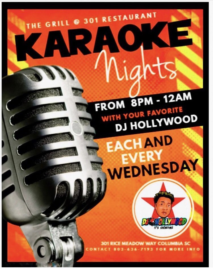 🎙WEDNESDAYS are for KARAOKE🎙
Come show us what ya got! Sounds by <a href="/DJHollywood803/">Terrence Gadson</a> // Tunes and Turn up at <a href="/301BarGrill/">301 Bar & Grill</a> 8PM to Midnight