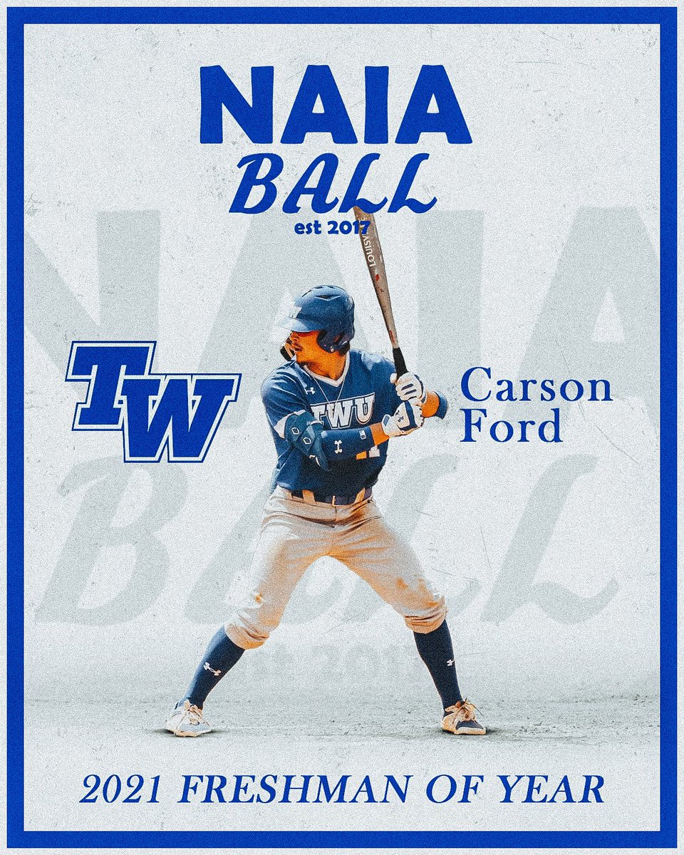 NAIABall's tweet photo. NAIA Ball Freshman of the Year 
Tennessee Wesleyan OF Carson Ford 

2021: .342, 76 R, 22 HR, 72 RBI

Ford finished top ten nationally in runs &amp; home runs. The lefty 2-hole tallied 33 XBH in 54 starts. Posted 18 multi-hit games and finished a perfect 15-15 on stolen bases https://t.co/IVarSNK94K