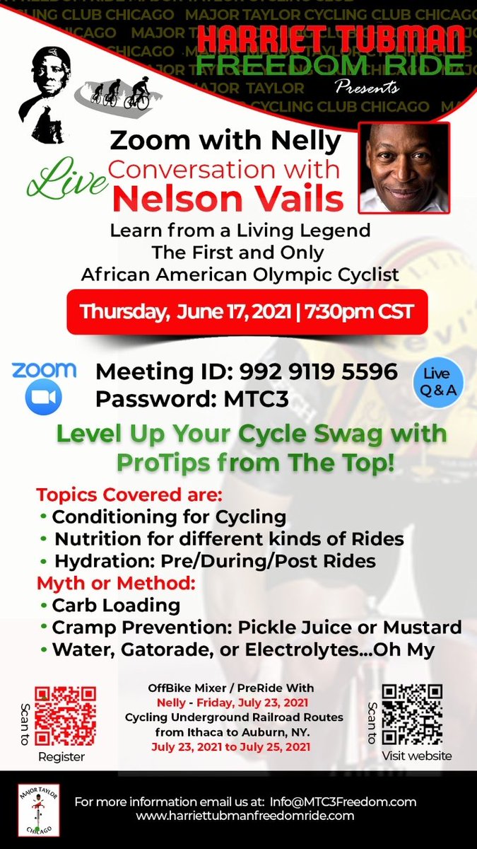 SankofaTravelHr's tweet photo. The Harriet Tubman Freedom Ride is pleased to present "Zoom with Nelly", a live conversation with Nelson Vails, the first and only African American Olympic Cycling Medalist! Visit: https://t.co/7xBHqGu0NT
#pluscbdxnelsonvails #bikelife #mycanyon_na #pluscbd https://t.co/KX7SRpwOxw