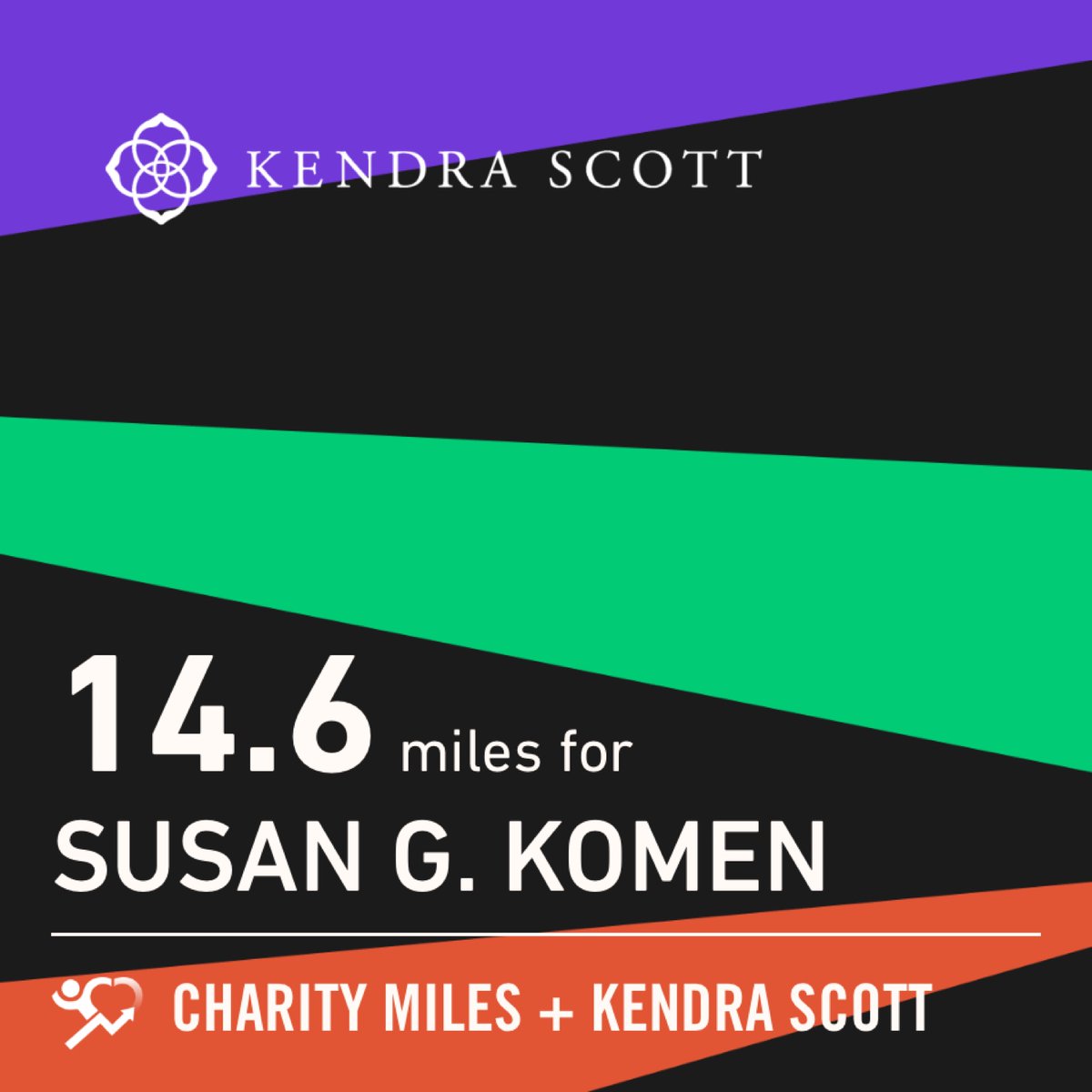 14.6 <a href="/CharityMiles/">Charity Miles</a> for <a href="/SusanGKomen/">Susan G. Komen</a>. Thanks to <a href="/KendraScott/">kendrascott</a> for sponsoring me!
