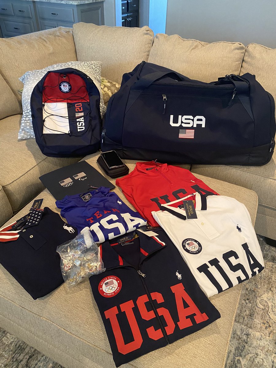 DrCodyCommander's tweet photo. Got my first swag bag from @RalphLauren. Countdown is real! #Tokyo2020 #Olympics #mentalhealth https://t.co/UDkphlyXpB