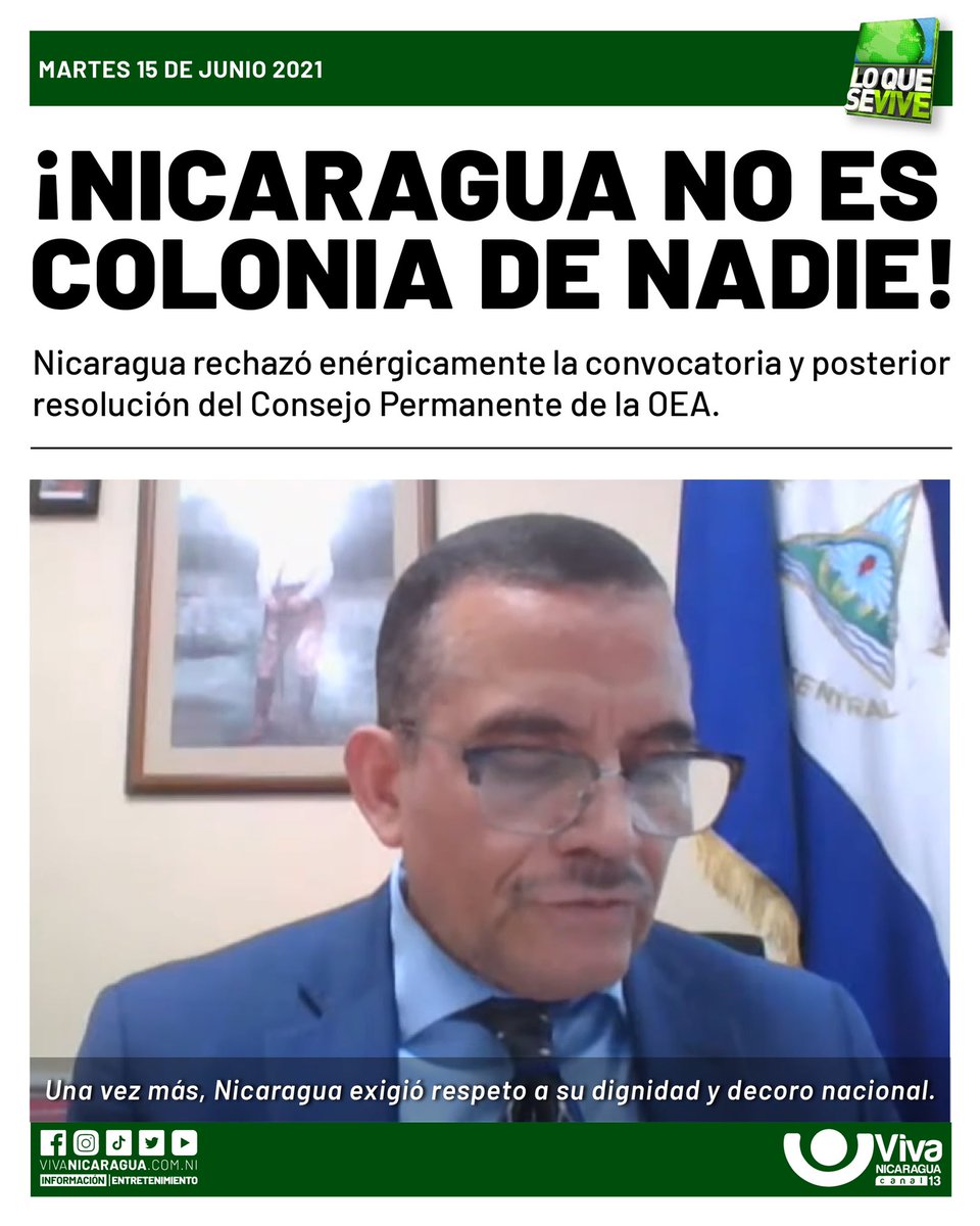 #NoticiaDelDía 
🚨 #𝐍𝐢𝐜𝐚𝐫𝐚𝐠𝐮𝐚 🇳🇮 𝐜𝐨𝐧𝐝𝐞𝐧𝐚 𝐥𝐚 𝐩𝐫𝐚́𝐜𝐭𝐢𝐜𝐚 𝐢𝐧𝐣𝐞𝐫𝐞𝐧𝐜𝐢𝐬𝐭𝐚 de la desacreditada organización (OEA), en los asuntos de la jurisdicción interna del país. 
⁣⁣
vivanicaragua.com.ni