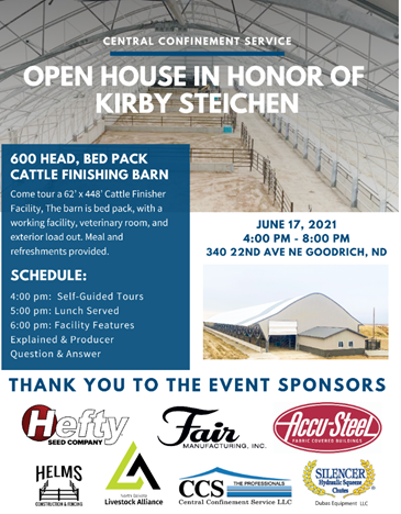 LivestockNd's tweet photo. NDLA is proud to sponsor the Kirby Steichen Beef Finisher Open House on June 17 by Goodrich, ND. Stop by to tour and learn more about the cattle finishing facility! #NDBeef https://t.co/32p8qDp0KN