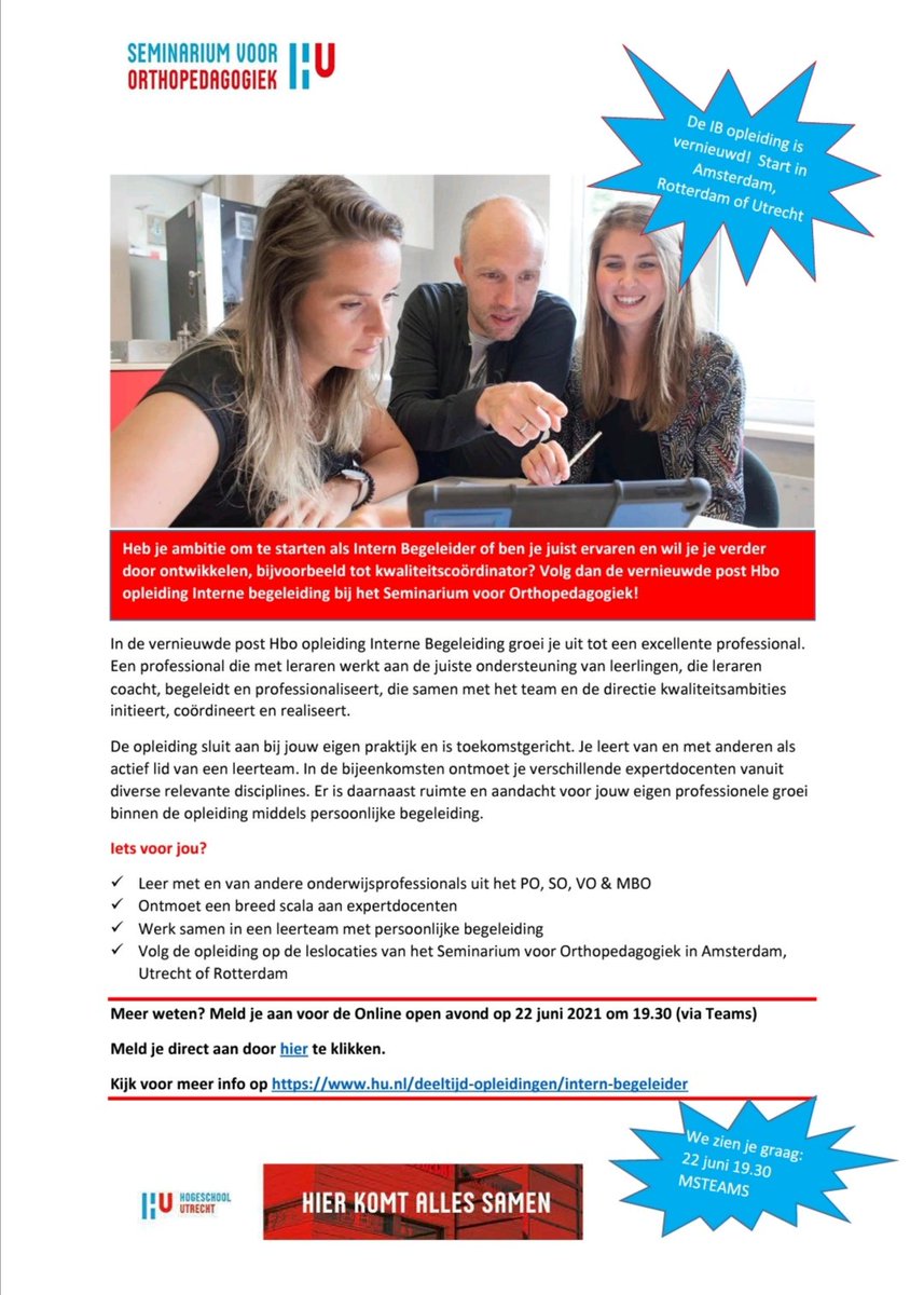 Op 22 juni 2021 om 19.30 uur verzorgt <a href="/dianfluijt/">dian fluijt</a>
een online informatiebijeenkomst over de vernieuwde post-hbo opleiding Intern Begeleider. Benieuwd? Meld je aan via hu.nl/deeltijd-oplei…
<a href="/SeminariumvO/">@Seminarium voor Orthopedagogiek</a>