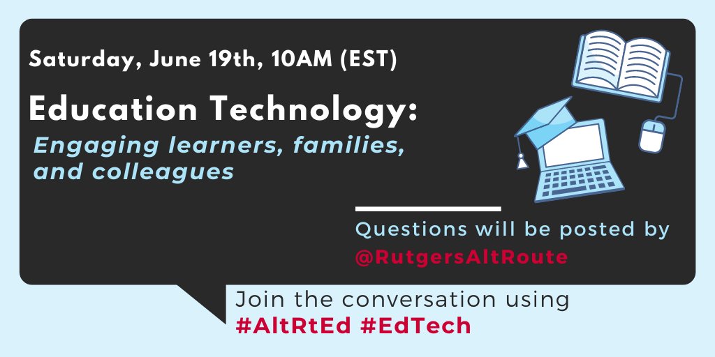 RutgersAltRoute's tweet photo. THIS Saturday, June 19th at 10AM (EST) we'll be hosting an #AltRtEd #EdTech chat. We're starting a thread of articles &amp; resources to get us thinking.

We'd love to hear what's on your reading list! #Teaching #TeacherResources https://t.co/mxBgk4rP7Q