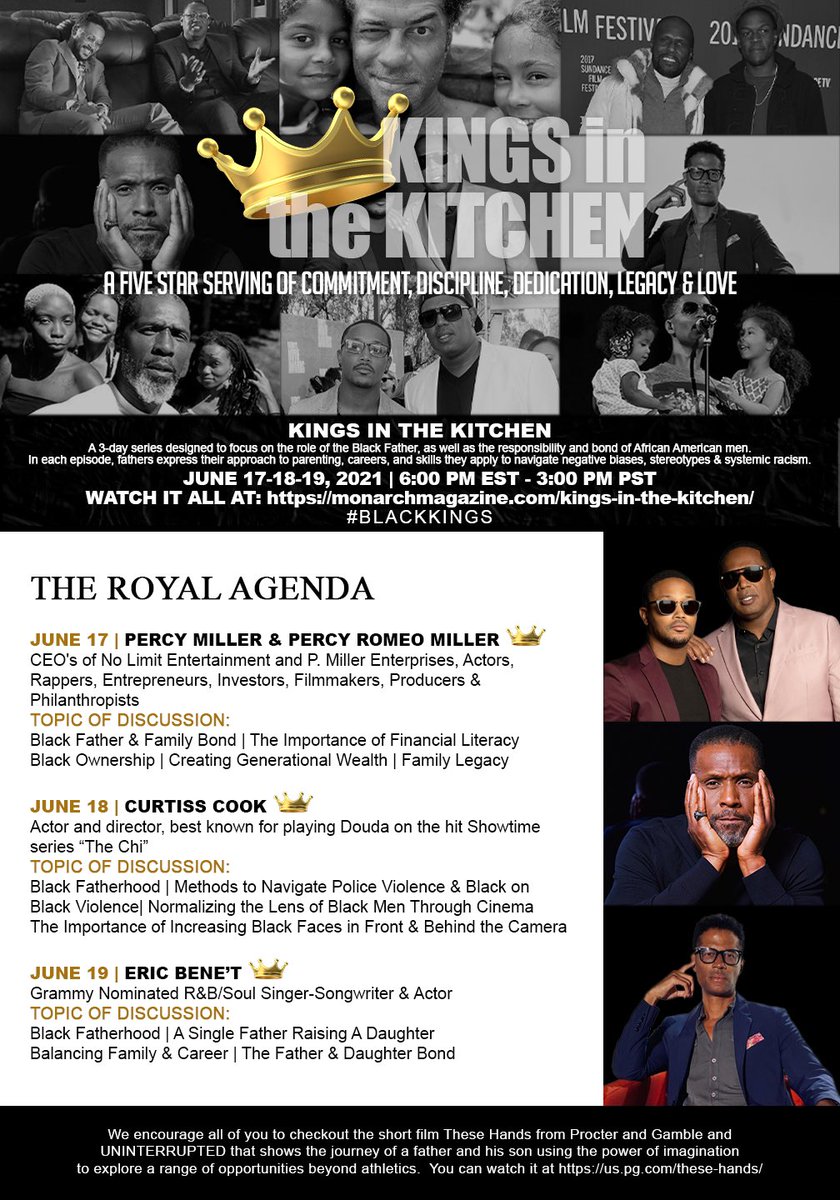 chisocialchange's tweet photo. Celebrate Black Men &amp; Fathers this weekend #virtually w/ @MonarchMag &amp; guests:
• CEO Percy Miller &amp; Romeo Miller
• @CurtissCook from @Showtime “The Chi” &amp;
• @ericbenet

Watch it👉🏽 https://t.co/b3x3I7CD70

#blackkings
#kingsinthekitchen
@thesehands @tarouebrooks 
@ProcterGamble https://t.co/qFYbnp1OYV