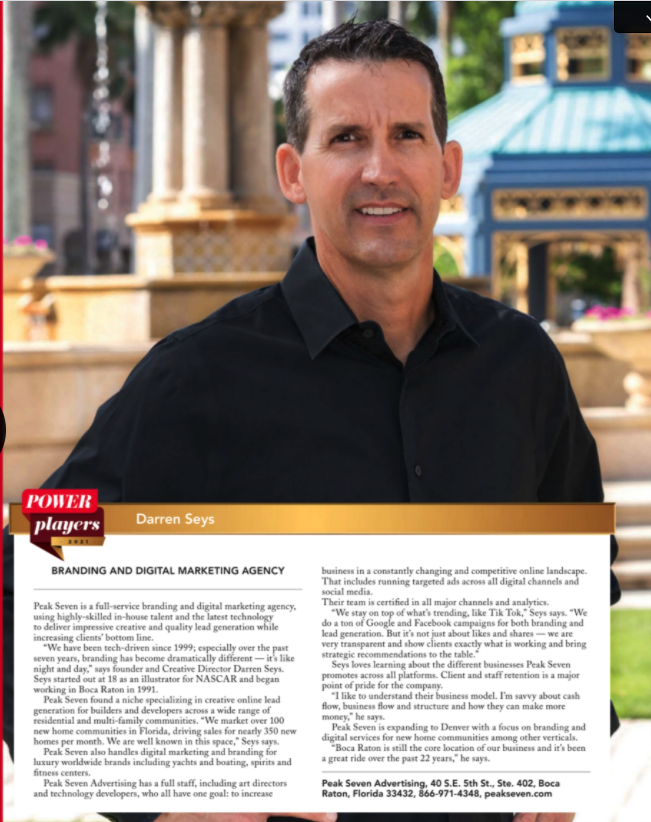 PeakSeven's tweet photo. Check out Darren Seys, our CEO and Creative Director, being featured in July's issue of Boca Raton Observer Magazine  -  "Power Players 2021" 💪🏼  🤩   

Full article: https://t.co/YVHLqEgdKw

#creativedirector #bocaratonobserver #magazinefeature #adagency #floridaentrepreneur https://t.co/LMNgRhhfUH