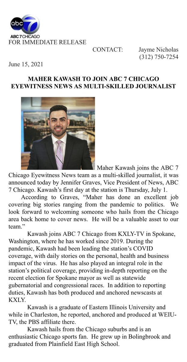 MaherABC7's tweet photo. Some personal news: I’m excited to be heading home to report for @ABC7Chicago as a Multi-Skilled Journalist. 

I find myself incredibly lucky to join such a brilliant &amp; talented team, and I can’t wait to tell the stories of the city and communities I grew up loving. https://t.co/YKD4QurU8Z