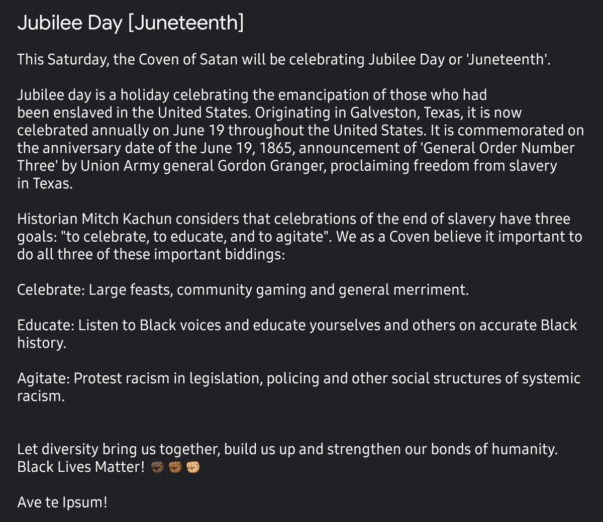 Hail Diversity!
#JuneTeenth2021 #JubileeDay #BlackLivesMatter