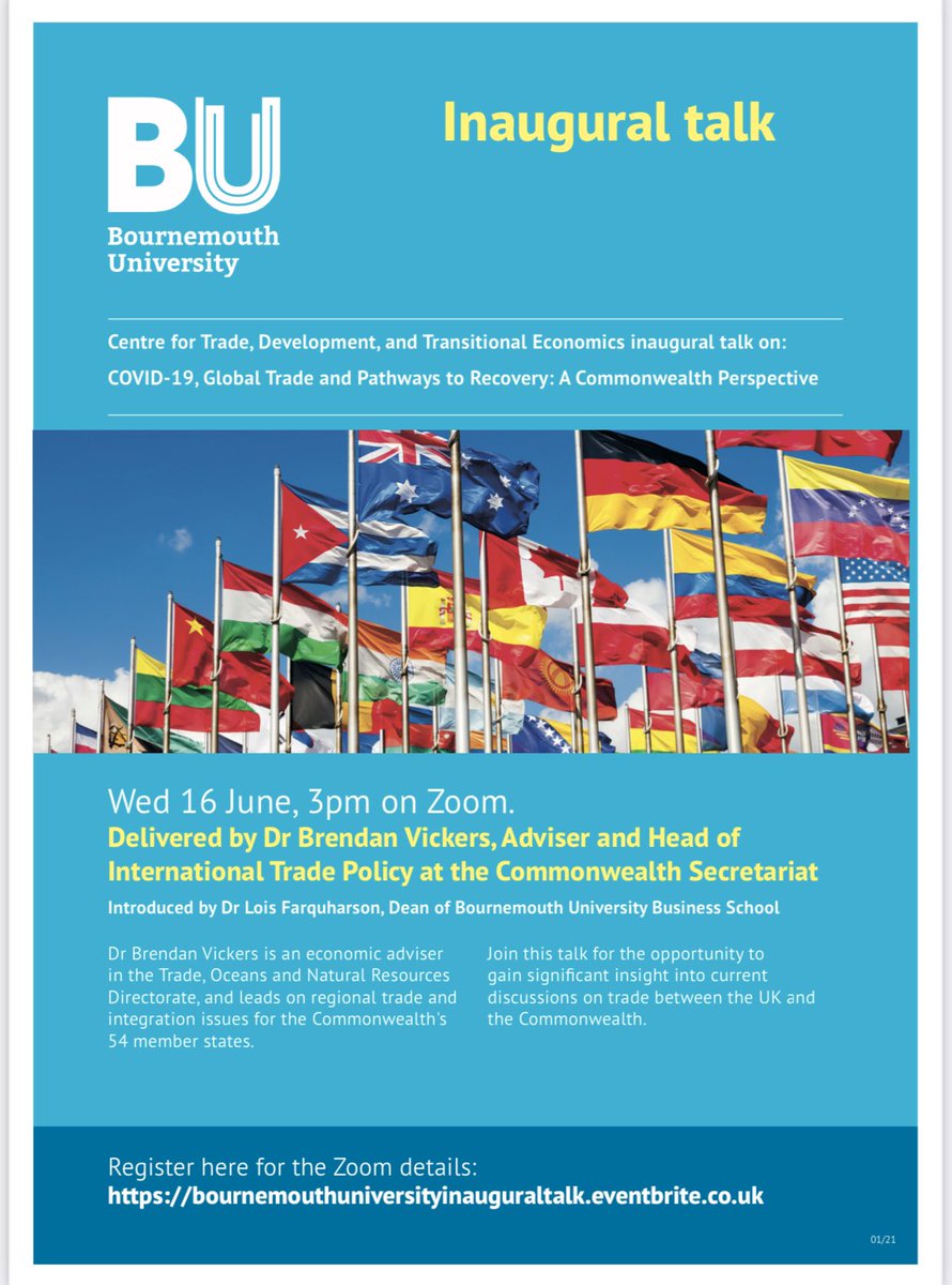 Bournemouth University hosts inaugural talk for the Centre for Trade, Development and Transitional Economics.

To register go to …versityinauguraltalk.eventbrite.co.uk

#GlobalTrade #TransitionalEconomics 

<a href="/sarifzaman/">Arif Zaman</a> <a href="/Official_CBWN/">Commonwealth Businesswomen‘s Network</a> <a href="/TheGENUK/">GEN UK</a> <a href="/commonwealthsec/">The Commonwealth</a> <a href="/gina_din/">GINA DIN</a> <a href="/RoseMaghas/">Rose Maghas</a>