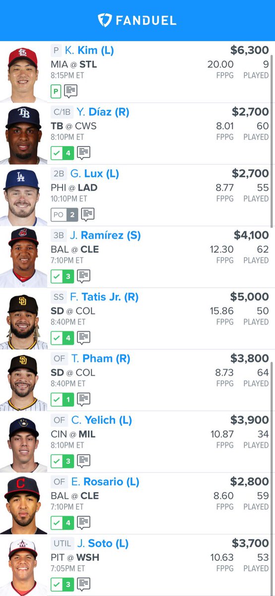 keyanalytics's tweet photo. Today's main slate MLB GPP lineup (6/15) #MLB #DFS #FD #FanDuel https://t.co/c01uASNNvO