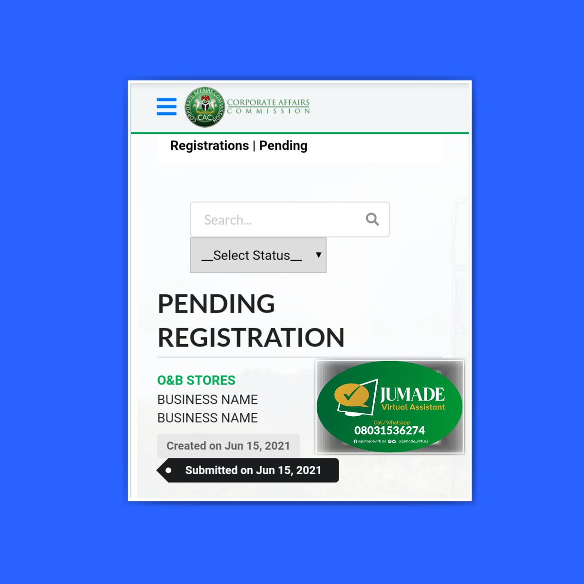JumadeVirtual's tweet photo. Let JUMADE VIRTUAL ASSISTANT assists you with your task. 

Services Include:
CAC Incorporation (Business, Company and NGO)
Content Writing 
Google Form Creation
Research 
Business Consultation 
Academic Advisory 
Social Media Platforms Management https://t.co/Mp5BMAw3XJ
