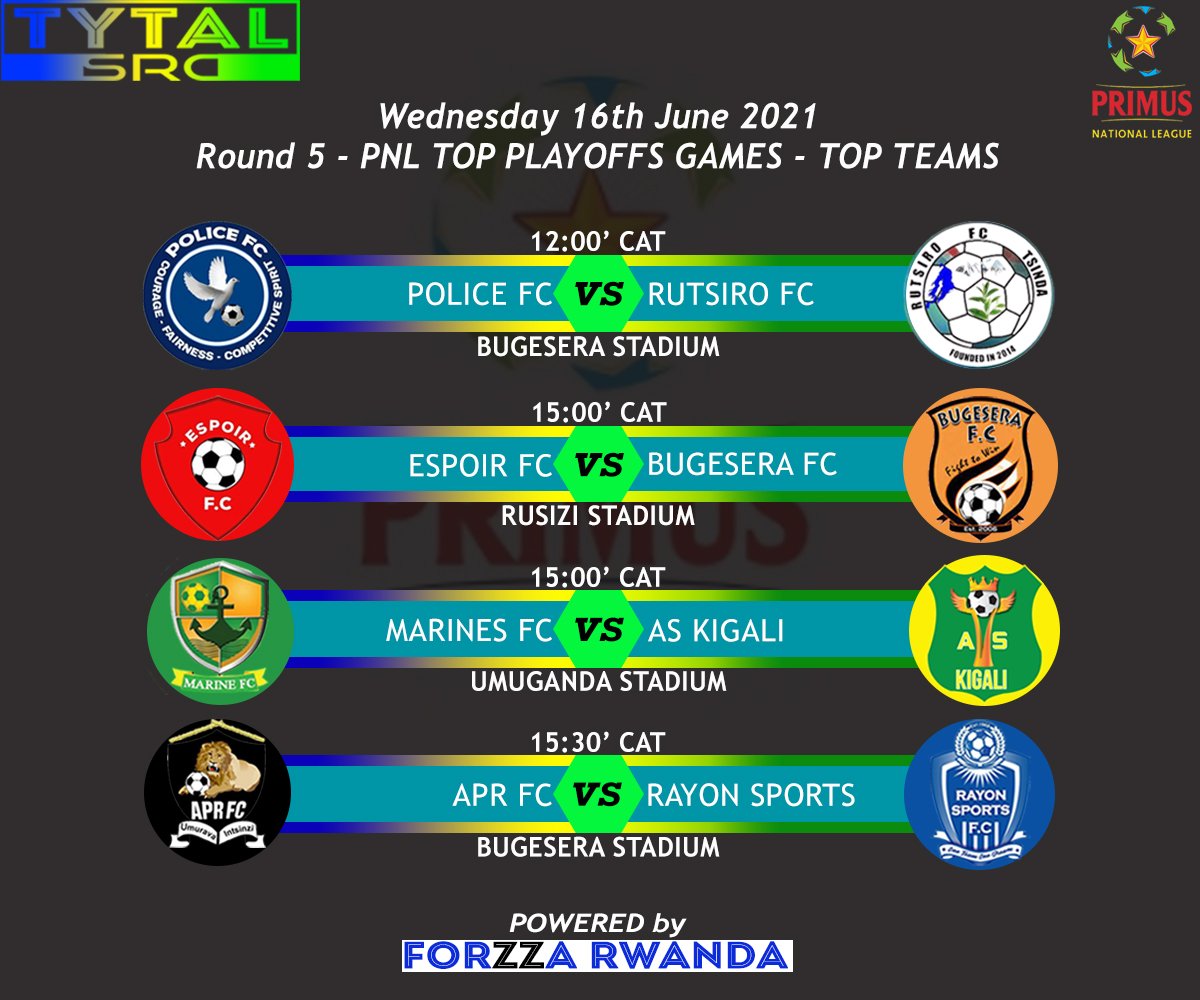 ChriStat250's tweet photo. 🔔 HERE WE GO AGAIN 🔔
WEDNESDAY: #Round5 in Primus National League playoff games 🇷🇼
⚽ Top teams' fixtures
#POLRUT
#ESPBUG
#MARASK
#APRRAY
Powered by @RwandaForzza
#PNL #ForzzaBetRwanda
#RwOT #TakeYouToAnotherLevel.. https://t.co/6VJUgPVcB4