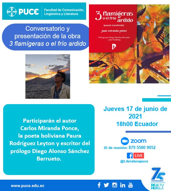LiteraturaPUCE's tweet photo. Invitamos a todxs nuestrxs seguidorxs a acompañar al poeta Carlos Miranda al lanzamiento de su nuevo poemario que nosotros, como carrera de Literatura, auspiciamos con entusiasmo. https://t.co/3pc4XjeyHC