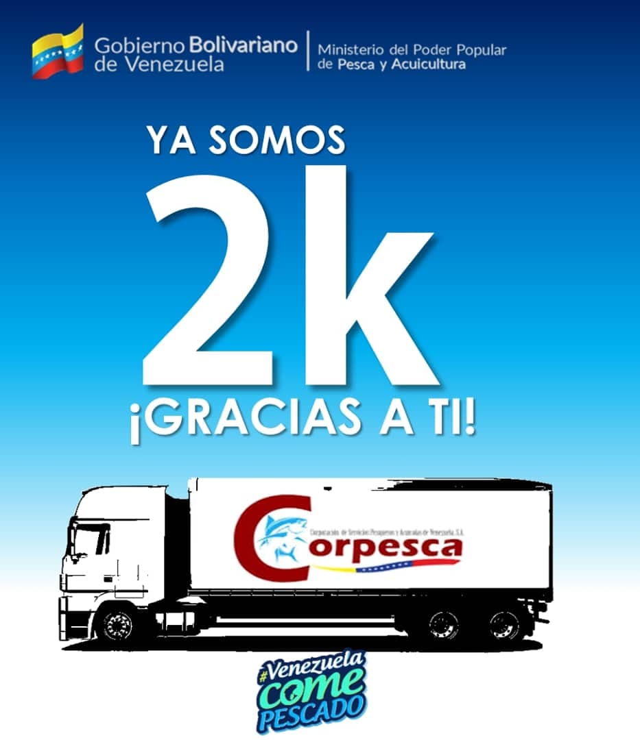 ¡YA SOMOS 2K!. 

¡Lo hicimos juntos!. 

Llegamos a los 2K de seguidores, seguimos de la mano con el pueblo para inundar de pescado al país.

#VenezuelaComePescado 
#YoComoPescado 
#PlanPescado200