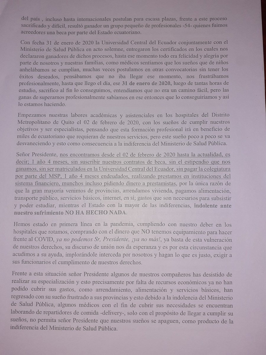 JPablortega's tweet photo. @LassoGuillermo @LaPosta_Ecu @AnderssonBoscan. El día de hoy 30 médicos posgradistas becados del @Salud_Ec, cansados del maltrato del del Sector Público, solicitan la ayuda del Presidente de la República, 1 año 4 meses sin salarios, atendiendo en primera línea. https://t.co/mSeAMruqVv