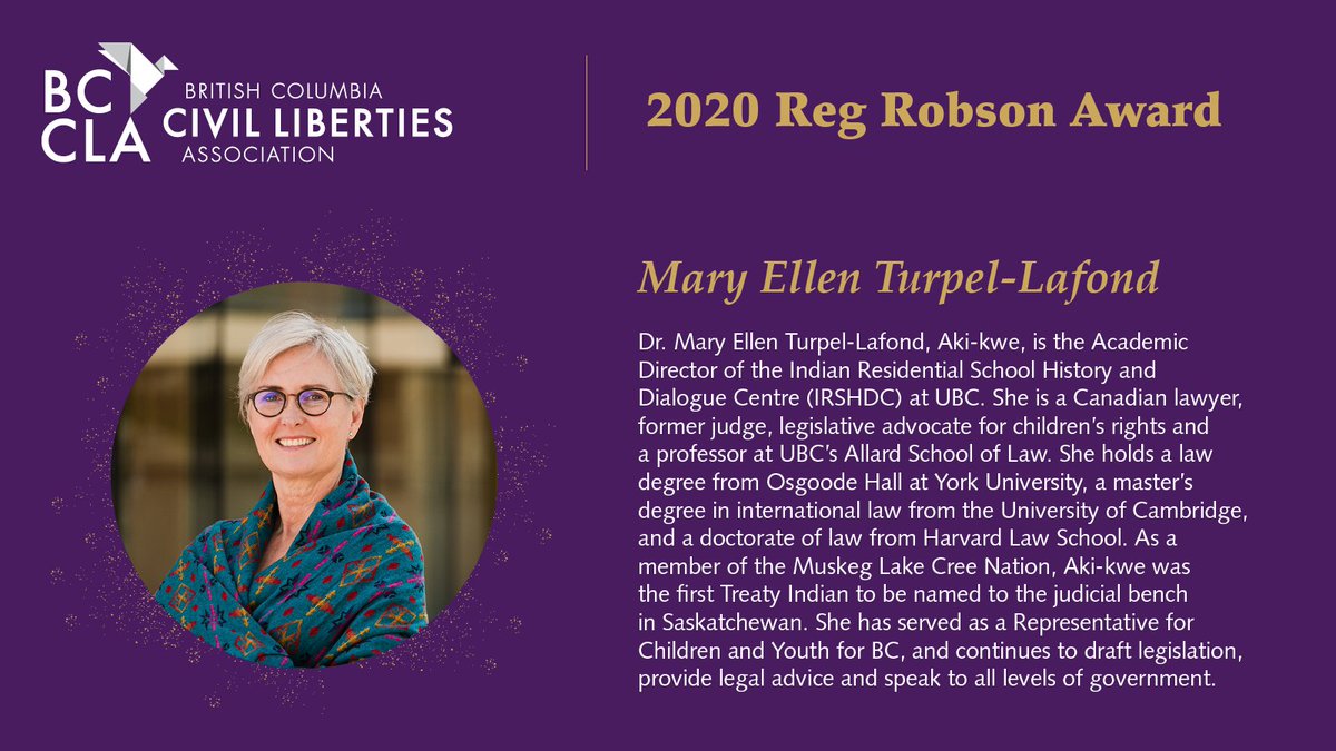 bccla's tweet photo. This week we’re announcing our 2020 Liberty Award Winners. We cancelled our 2020 Liberty Awards Gala due to COVID-19, so we’re celebrating winners online this year!
Please join us in congratulating the winner of the 2020 Reg Robson Award: Dr. Mary Ellen Turpel-Lafond. https://t.co/P3PMXDTQlZ