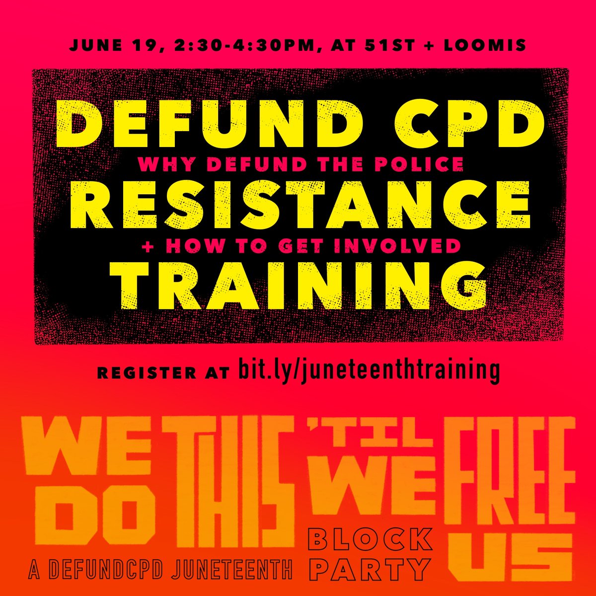 Are you interested in learning more about the #DefundCPD movement &amp; how you can get involved? Are you a Black resident of Chicago or Latinx resident of Back of the Yards? 

Join us for our Resistance Training on Juneteenth, 2:30-4:30pm at 51st &amp; Loomis! 

bit.ly/juneteenthtrai…