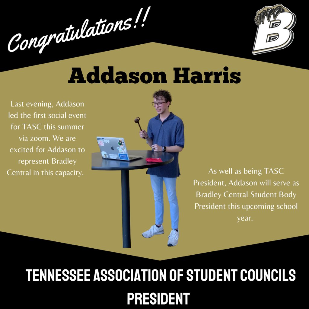 Congratulations to @addason_harris for being elected as the Tennessee Association of Student Councils PRESIDENT for the 2021-2022 school year.