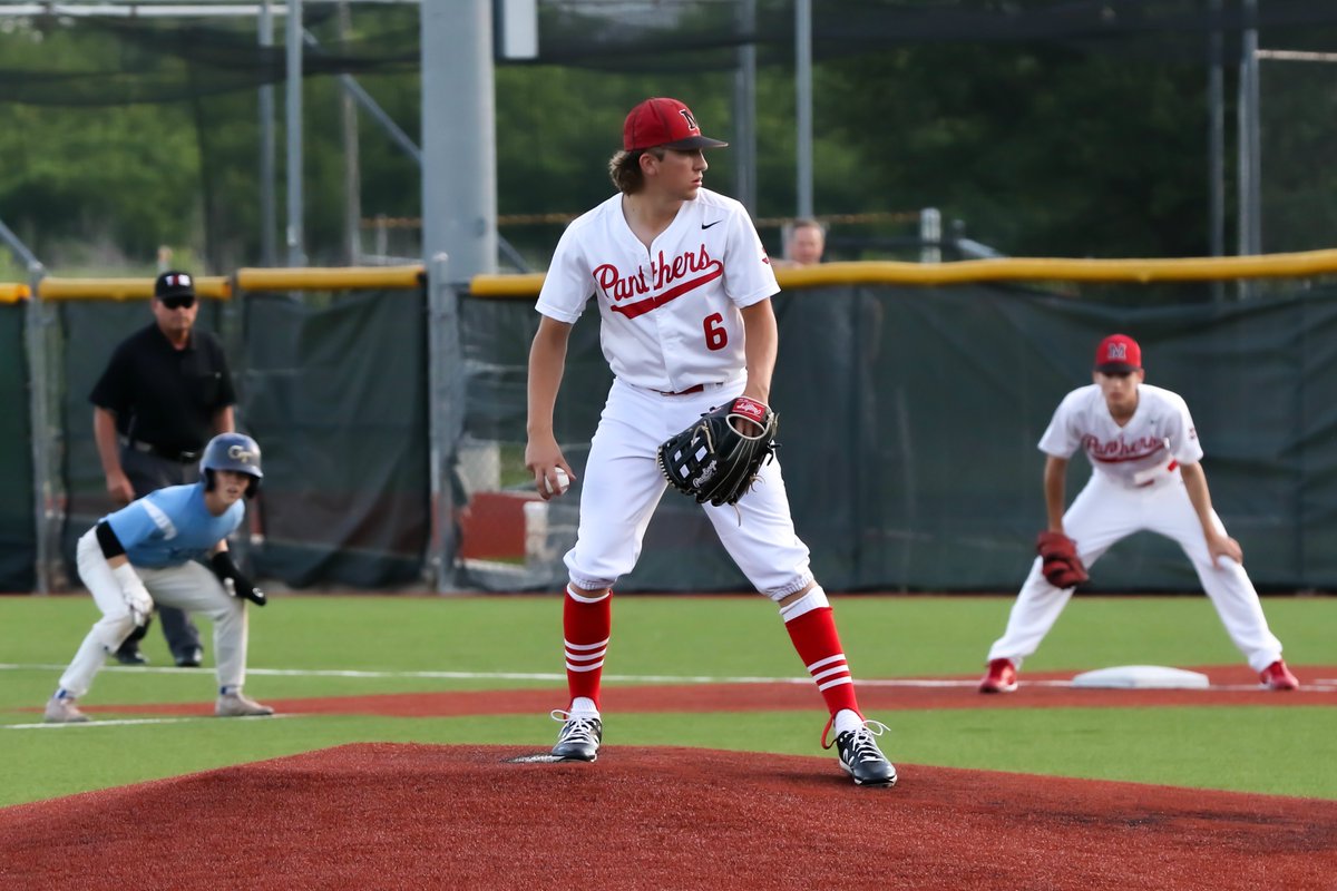 drjlstewart's tweet photo. Top Maypearl Sports Photos 2020-21: Jake Frazier on the mound and Maypearl's other top pitcher, Todd Michael, playing first base. How fun is it to watch this treasured pastime and such a privilege to be in MHS's dugout taking a photo or two to share with the MHS community. https://t.co/1WBSQ3fOQB