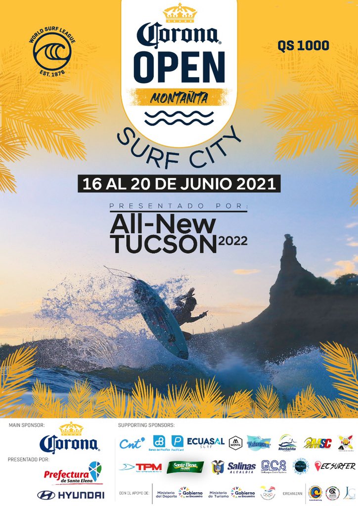 FesurfEC's tweet photo. Mañana inicia el Corona Open Montañita Surf City, presentado por Hyundai All New Tucson , el primero de los dos eventos WSL QS 1000 que se llevarán a cabo en Santa Elena, Ecuador. https://t.co/p1eSO4uGSn