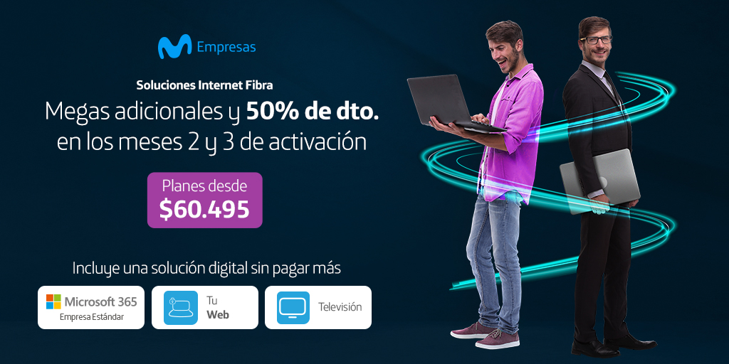 Velocidad simétrica en subida y bajada de archivos y el 50% de descuento en el segundo y tercer mes de activación, son beneficios corporativos que solo Movistar Empresas te da. Conoce más aquí 👉 bit.ly/OfertaFibraEmp…