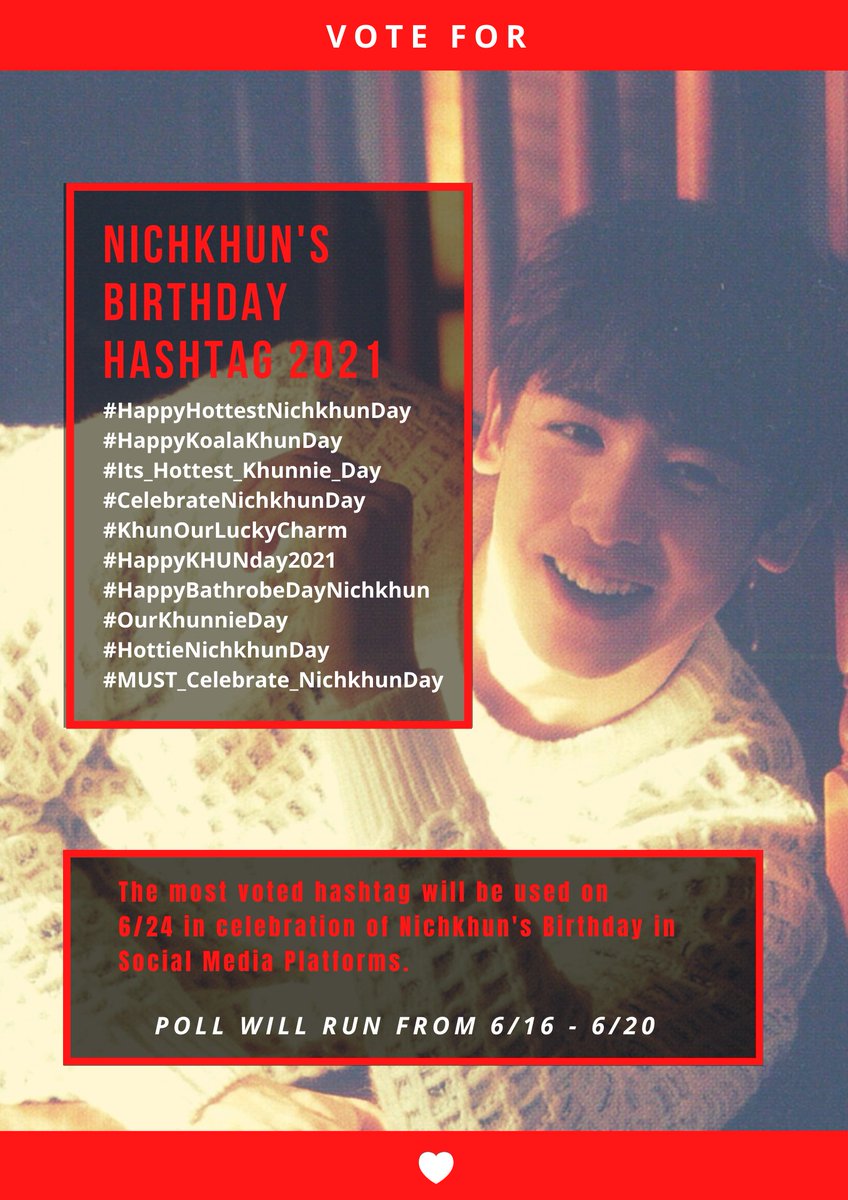 📢[POLL] Khun Stans and Hottests! Vote for Nichkhun's Birthday Hashtag! Let's celebrate together on 6/24 using a special hashtag just for Khun ❤️ 
Vote here: tinyurl.com/KhunBdayHashta…
#2PM #Nichkhun #Khunnie