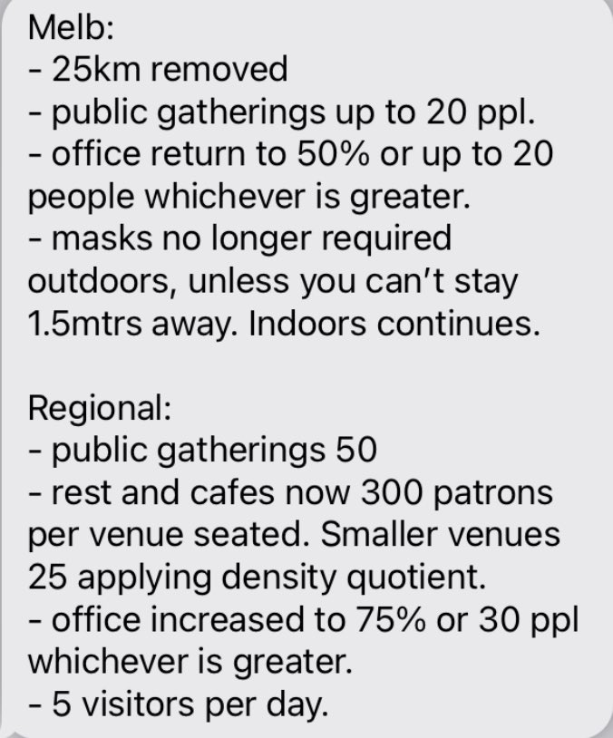 More details on restrictions set to be eased tomorrow night across Melbourne and regional Victoria. 
Only 5 people to the home in regional Vic.
<a href="/abcmelbourne/">ABC Melbourne</a> #springst