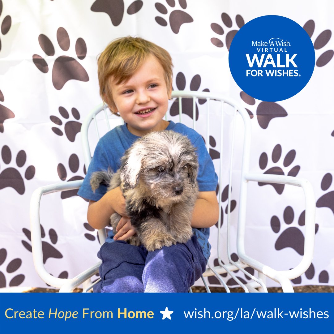 Six-year-old Vaughn loves animals! When he was in the hospital, his favorite time was when therapy dogs would visit. Recently, we were able to grant Vaughn’s wish to have a dog.  To help grant more wishes like Vaughn’s, please register for our Virtual Walk for Wishes!