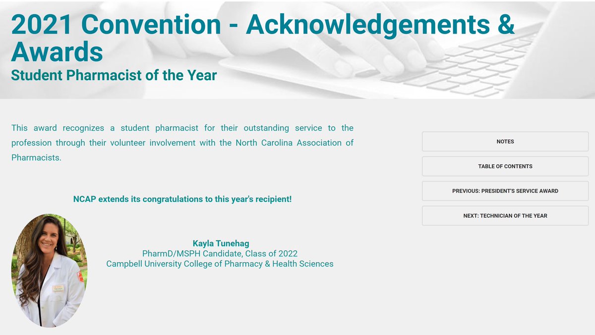 CampbellCPHS's tweet image. Congratulations to fourth year pharmacy student, Kayla Tunehag, for being awarded Student Pharmacist of the Year at the recent NCAP convention! Great work Kayla! #leadingwithpurpose