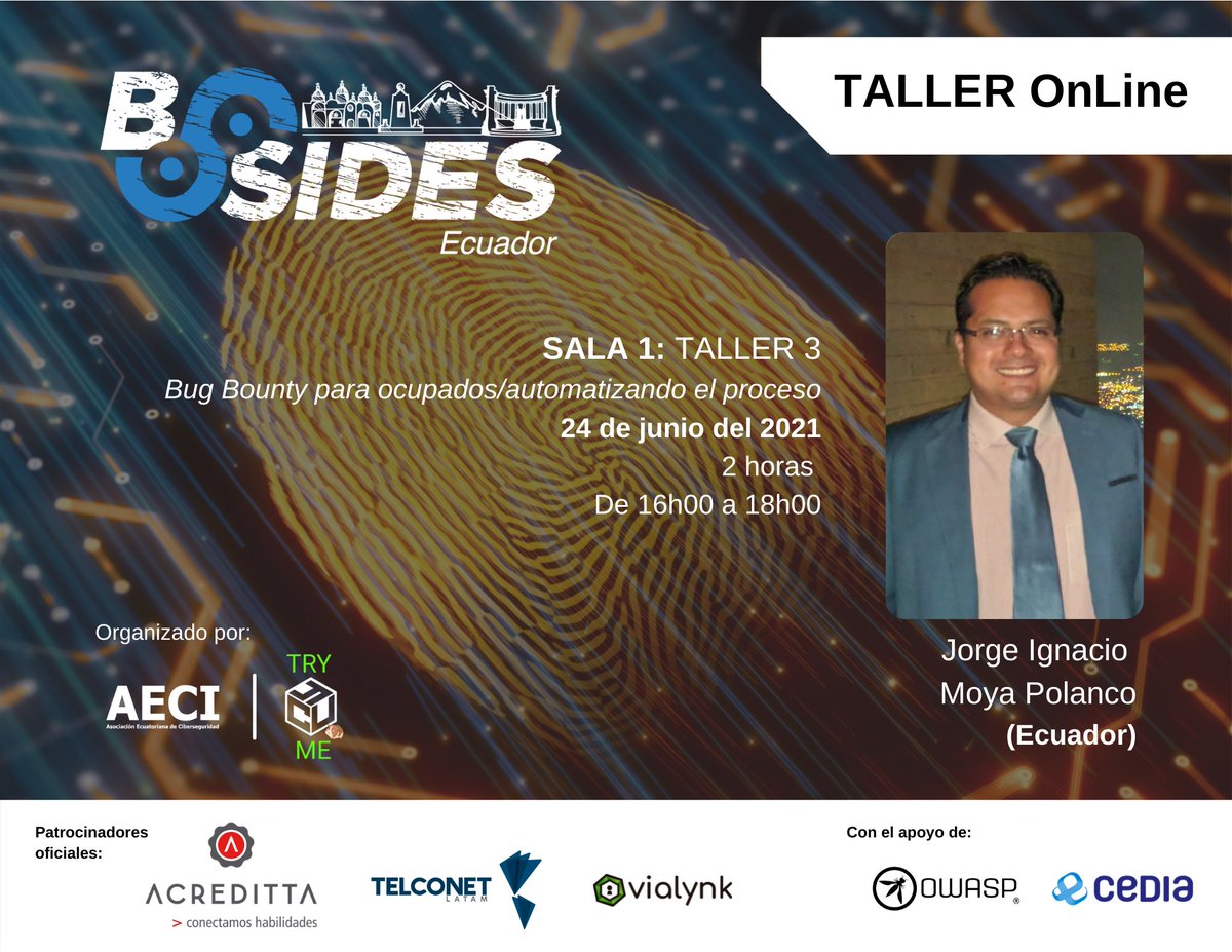 BSides593's tweet photo. #SabíasQué #Bsides #Ecuador #2021 contará con 6 talleres a impartirse en 3 salas diferentes y de manera simultanea.
Adquiera su entrada en: https://t.co/vVvhVSu34h
Patrocinadores oficiales: @Acreditta, @TelconetLatam, @VialynkSA 
Con el apoyo de: @OWASP_Quito y @CEDIA
#Hacking https://t.co/PwFxwudQvv