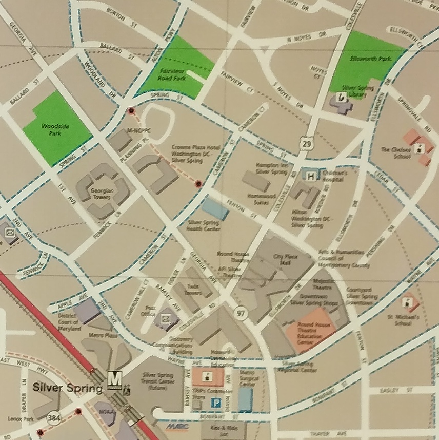 Detail from area map, including a building marked "Silver Spring Library" at Colesville and Noyes.