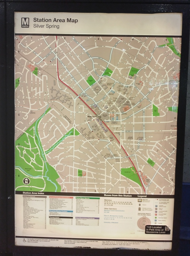 Inside Silver Spring Metro Station, a backlit map headed "Station Area Map, Silver Spring."