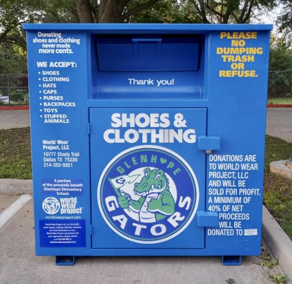 WorldWearProj's tweet photo. @GHESGators check out the new blue bin on campus. Clean those closets and donate gently worn shoes and clothing, placing those items in the bin. Your school is paid by the pound for every pound donated. Easy fundraising! https://t.co/Jls4Xy1BGR