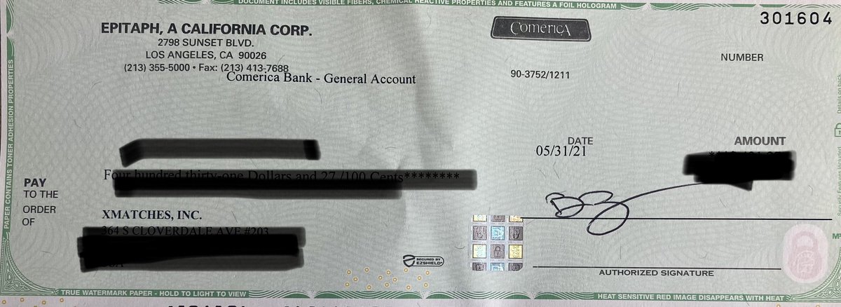 thematchesband's tweet photo. It’s still incredible to think that we recouped our record deal with @epitaphrecords after being very in debt after breaking up… getting checks vs unrecouped statements is surreal. #TheyArentHuge #ButItsSomething https://t.co/ifuIe5PBB3