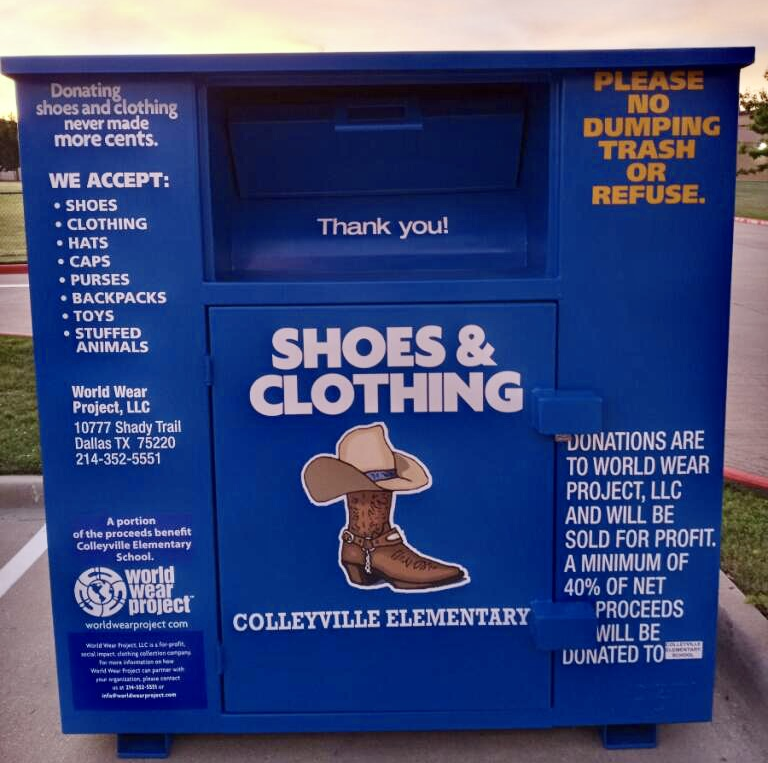 WorldWearProj's tweet photo. @CESCowboys check out the blue bin on campus. Clean closets and donate gently worn shoes and clothing, placing those items in the bin. The school is paid by the pound for every pound you donate. Support your students, school and teachers! https://t.co/zGTzzq2FSb